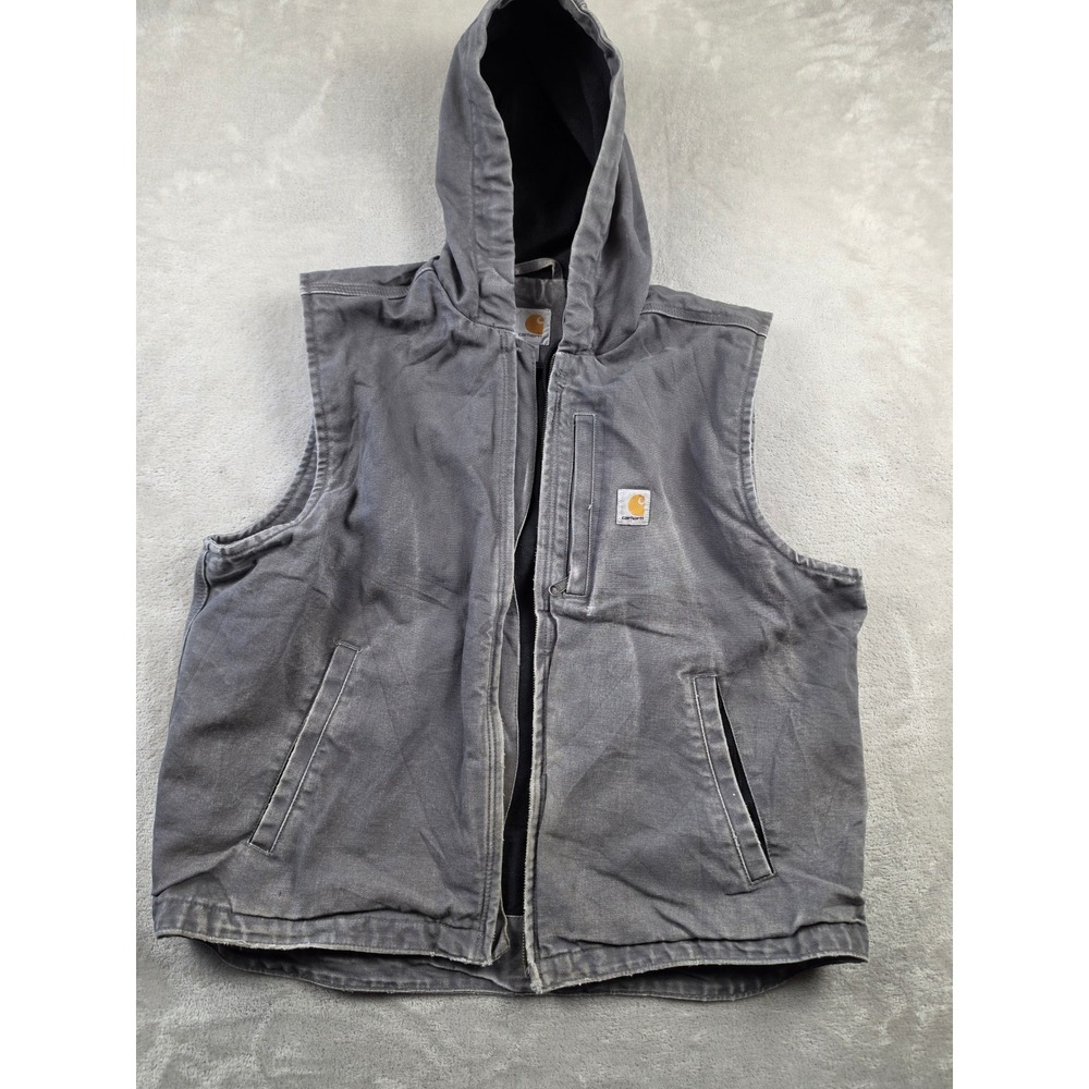 Carhartt Hooded Vest Mens L Gray GVL Canvas Fleece Lined Workwear 103837 *Read